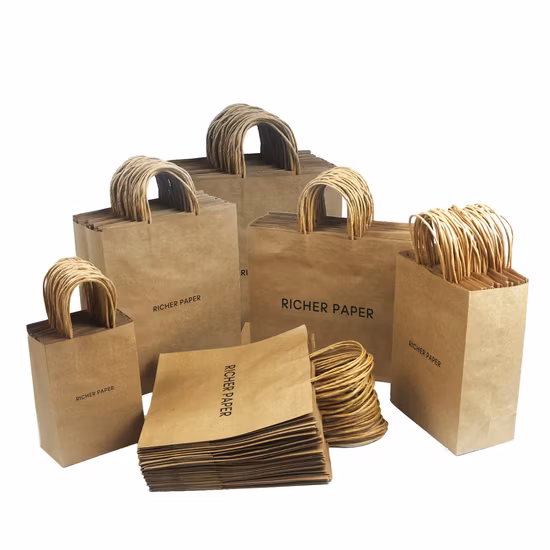Saco de papel Kraft de corda redonda pequena personalizada com seu próprio logotipo para o meio ambiente